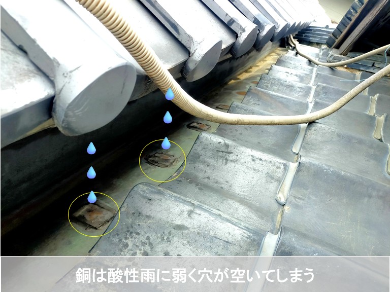 高石市　銅は酸性雨に弱く穴が空いてしまう